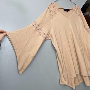 Denim 24/7 Tunic Top Plus Size 1X Tan Bell Sleeve Lagenlook Boho Romantic Lace